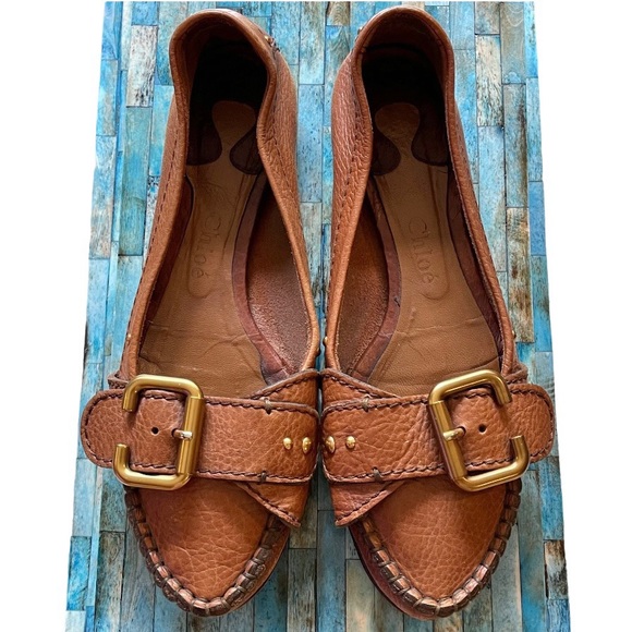CHLOÉ | C-Buckle Cognac Leather Flat Moccasin Loafers | EU 38.5 / US 8.5 - Picture 3 of 11